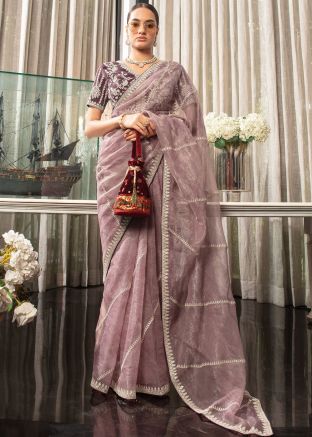 Mauve Pink Organza Saree In Thread Embroidery