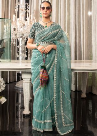 Turquoise Embroidered Organza Saree With Blouse