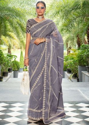 Purple Thread Embroidered Organza Saree