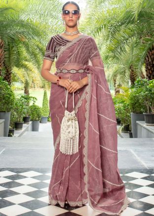 Mauve Pink Organza Saree In Thread Embroidery