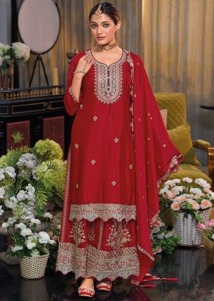 Red Embroidered Straight Cut Suit Set