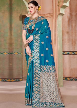 Blue Zari Woven Saree In Silk