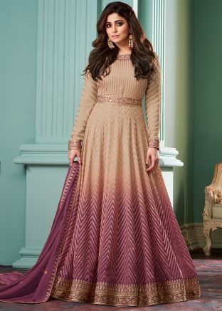 Shamita Shetty Shaded Beige & Pink Embroidered Anarkali Suit