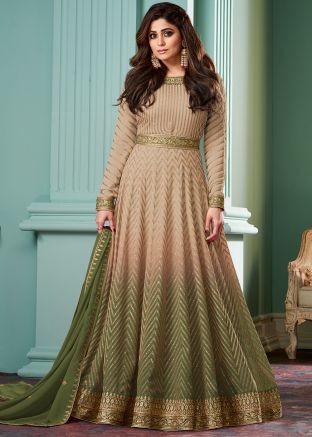 Shamita Shetty Shaded Beige & Green Embroidered Anarkali Suit