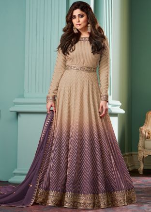 Shamita Shetty Shaded Beige & Purple Embroidered Anarkali Suit