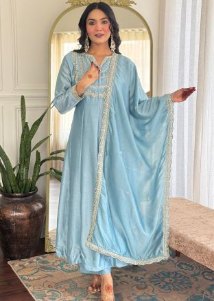 Blue Embroidered Anarkali Salwar Suit Set