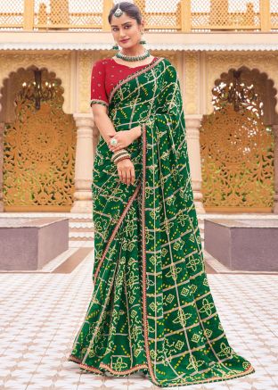 Green Georgette Saree In Bandhej Print