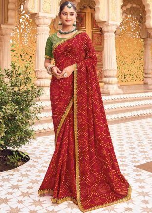 Red Bandhej Print Saree In Georgette