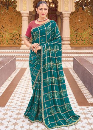 Blue Bandhej Print Saree In Georgette