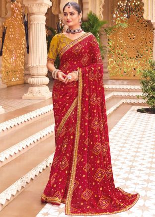 Red Bandhej Print Saree In Georgette