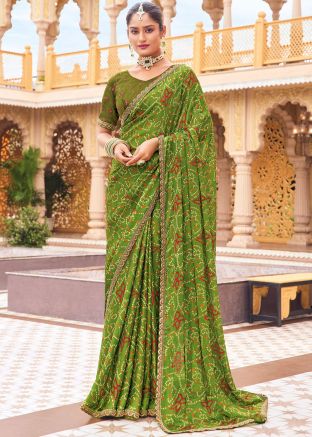 Green Georgette Saree In Bandhej Print