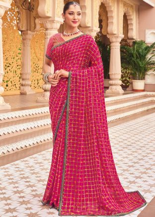 Pink Printed Saree In Georgette