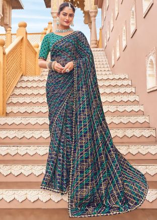 Blue Bandhej Print Saree In Georgette