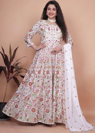 White Embroidered Anarkali Suit In Georgette