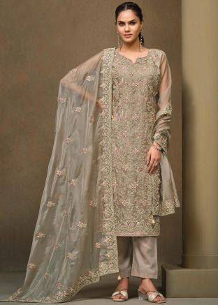 Beige Embroidered Straight Cut Suit Set