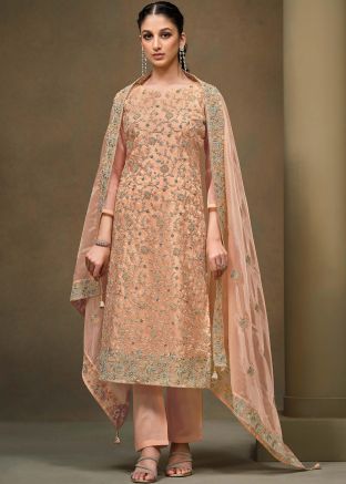 Peach Embroidered Organza Suit Set