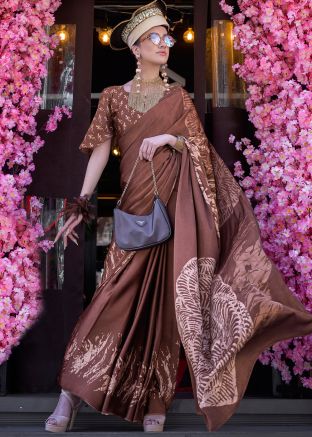 Brown Digital Printed Satin Saree