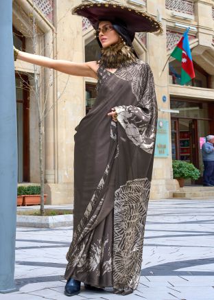 Dark Grey Satin Saree In Digital Print