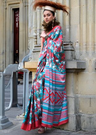 Multicolor Digital Printed Satin Saree