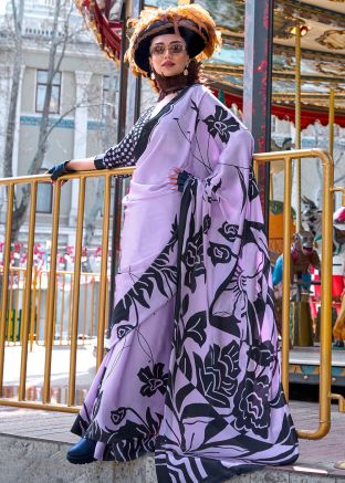 Lavender Digital Printed Saree In Satin