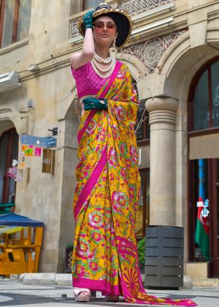 Yellow Satin Saree In Digital Print