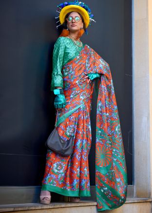 Orange Satin Digital Printed Saree 