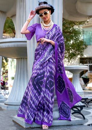 Purple Digital Printed Saree In Satin