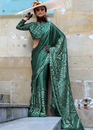 Green Satin Silk Saree In Digital Print