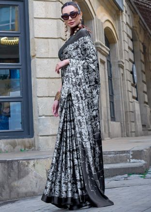 Grey Satin Silk Saree In Digital Print