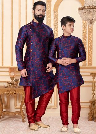 Navy Blue Readymade Father & Son Kurta Churidar Set
