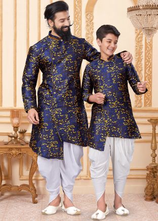 Navy Blue Readymade Father & Son Dhoti Kurta Set