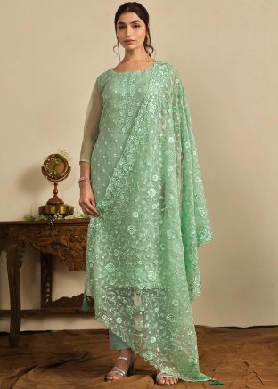 Green Embroidered Straight Cut Suit Set