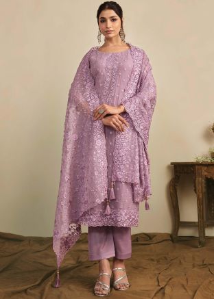 Purple Embroidered Suit Set In Organza