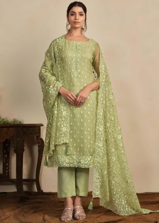Green Embroidered Straight Cut Suit Set