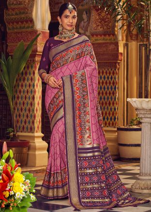 Pink Printed Saree In Silk