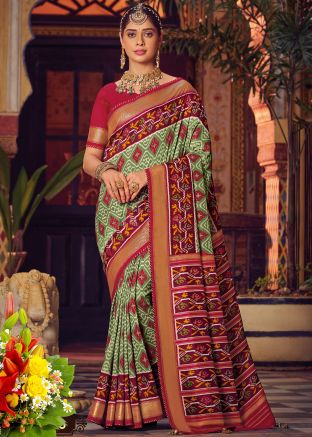 Green Patola Print Saree In Silk