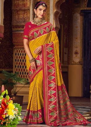 Yellow Silk Saree In Patola Print