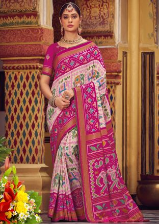 Pink Printed Saree In Silk