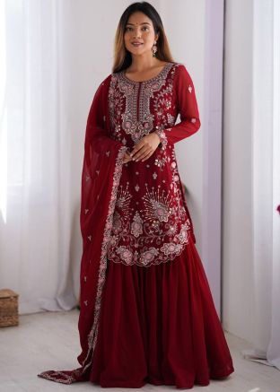 Readymade Maroon Embroidered Sharara Suit