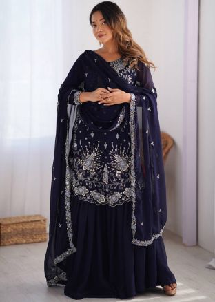 Navy Blue Embroidered Readymade Sharara Suit