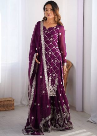 Purple Embroidered Readymade Sharara Suit