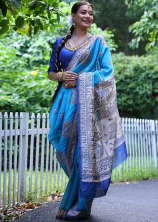 Blue Digital Printed Saree In Tussar Silk