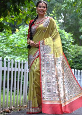 Green Tussar Silk Saree In Digital Print