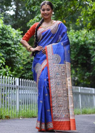 Blue Print Tussar Silk Saree With Blouse