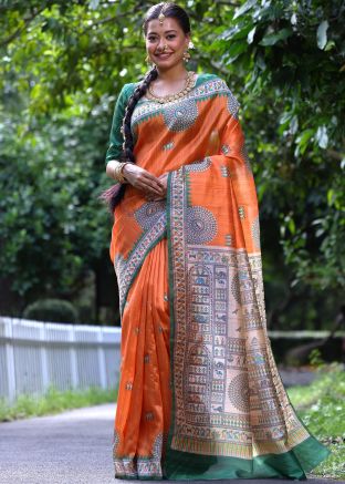Orange Digital Printed Tussar Silk Saree