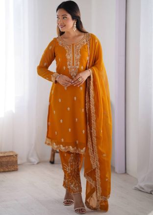 Yellow Embroidered Pant Suit In Georgette