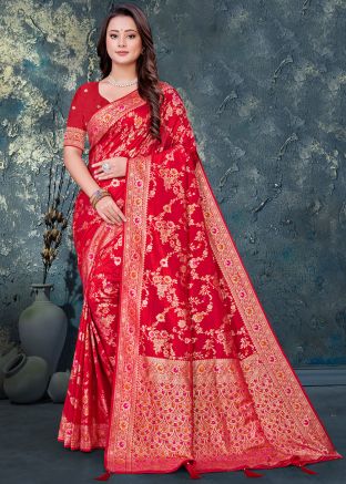 Red Zari Woven Saree In Art Silk