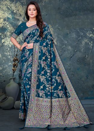 Teal Blue Zari Woven Saree In Art Silk