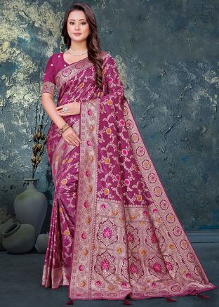 Magenta Woven Saree In Art Silk