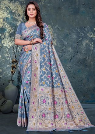 Grey Woven Art Silk Saree & Blouse
